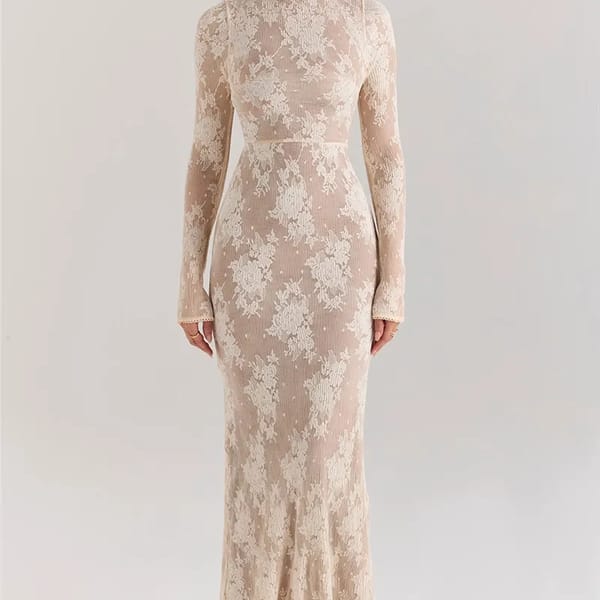Chic Lace Print Bodycon Maxi Dress with High Collar