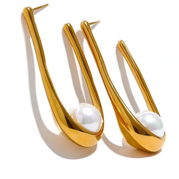 Elegant Stainless Steel Geometric Huggie Earrings with Imitation Pearls