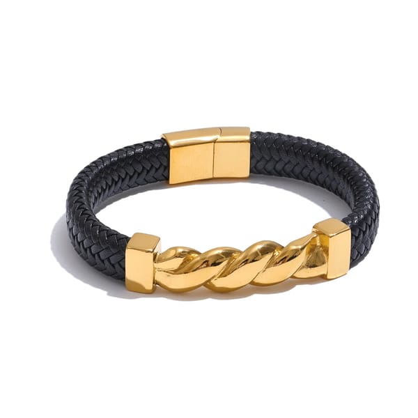 Handmade 65mm Leather Metal Twisted Chain Wide Bracelet for Men