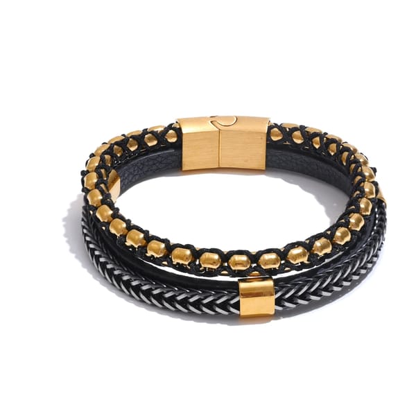 Handmade Double Layer Leather Metal Braided Unisex Bangle Bracelet