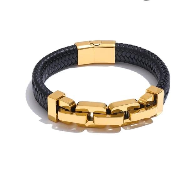 Elegant 18K Gold Plated Stainless Steel Leather Chain Bracelet