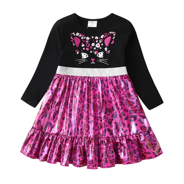 Adorable Girls' Long-Sleeve Leopard Print Cartoon Dress