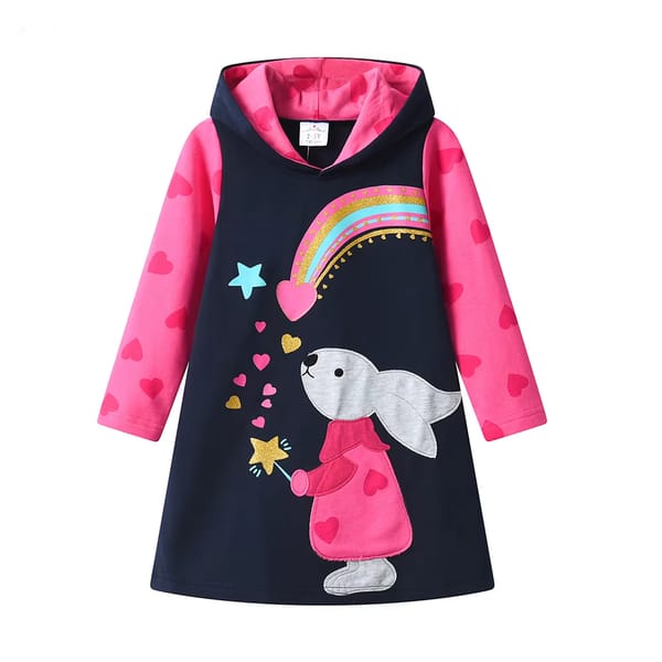 Adorable Hooded Dress for Girls with Heart & Rainbow Print