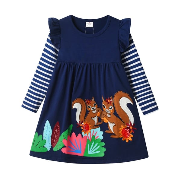 Charming Winter Dress for Girls with Squirrel Cartoon Design