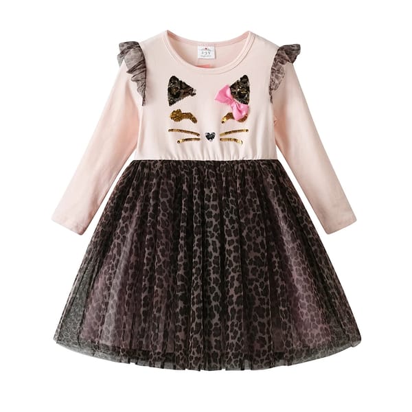 Adorable Leopard Mesh Princess Dress – Toddler Long Sleeve Cotton Gown