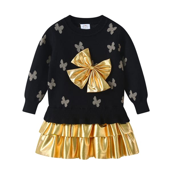 Charming Winter Sweater Dress with Butterfly Print and Bow Detail