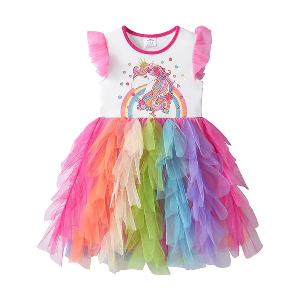 Girls Unicorn Rainbow Print Princess Party Dress for Summer