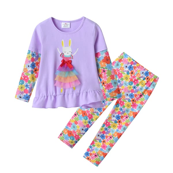 Cozy 2-Piece Girls Pajama Set with Rabbit Floral Design