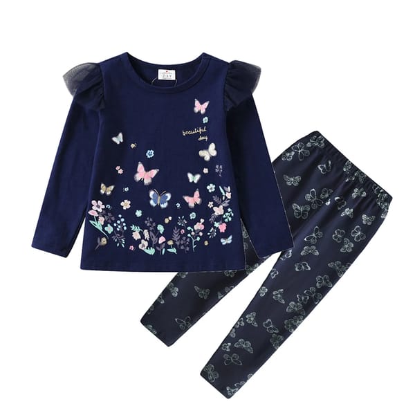 Autumn Winter Girls Cotton Butterfly Print Tops & Pants Set