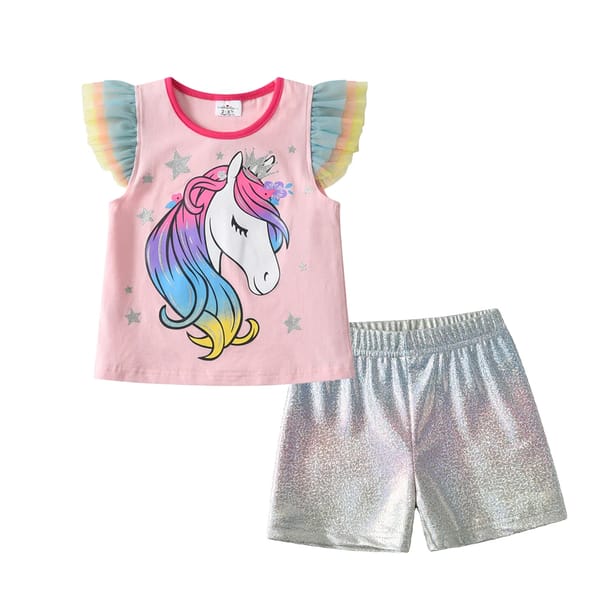 Summer Unicorn Clothing Set for Girls with Flying Sleeve Tops and Casual Pants