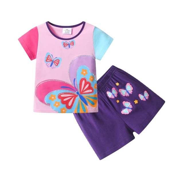 Cute Summer Girls Clothing Set with Butterfly Print Top and Shorts