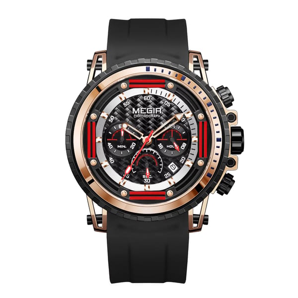 Men's Luxury Sports Chronograph Watch with Silicone Strap and Waterproof Features