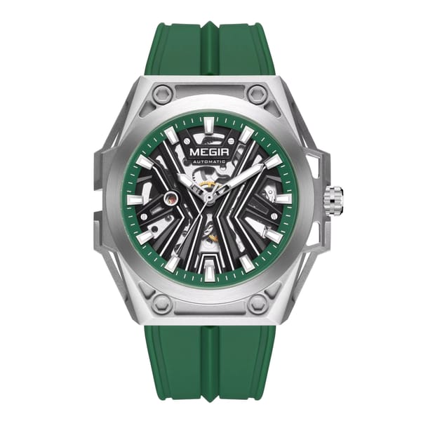 Men’s Stainless Steel Skeleton Mechanical Watch with Silicone Strap