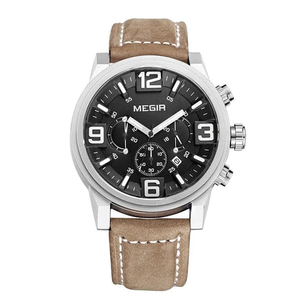 Large Dial Chronograph Leather Watch with Calendar and Stopwatch