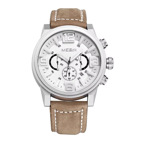Large Dial Chronograph Leather Watch with Calendar and Stopwatch