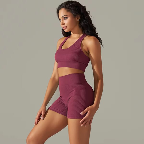 Seamless Workout Set with Crossover Bra and Knit Shorts