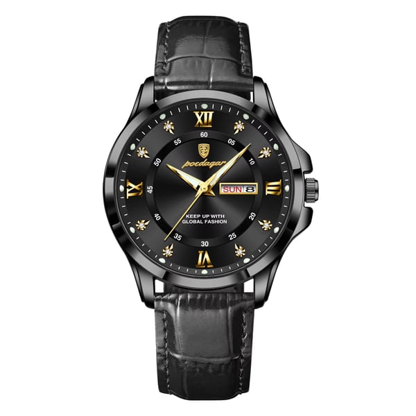 Elegant Waterproof Quartz Watch with Leather Strap and Date Display