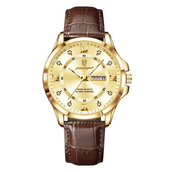 Elegant Waterproof Quartz Watch with Leather Strap and Date Display