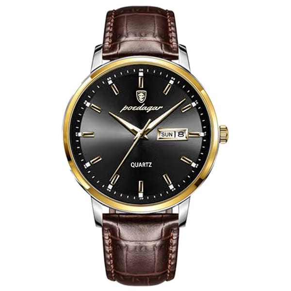 Elegant Business Quartz Watch with Leather Strap and Calendar