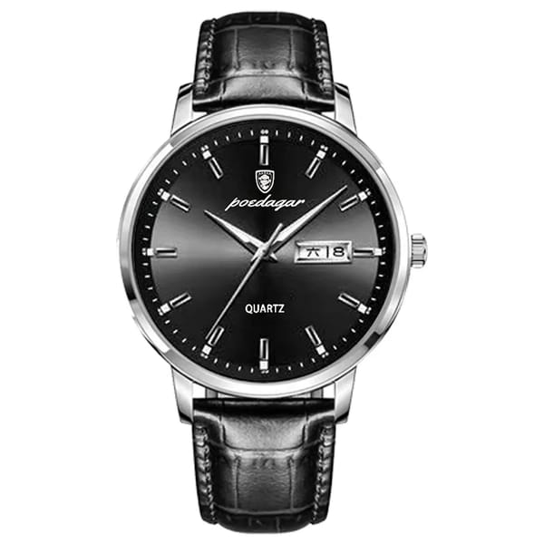 Elegant Business Quartz Watch with Leather Strap and Calendar