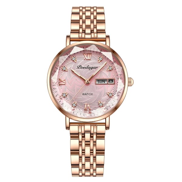 Elegant Stainless Steel Women's Watch with Date and Week Display