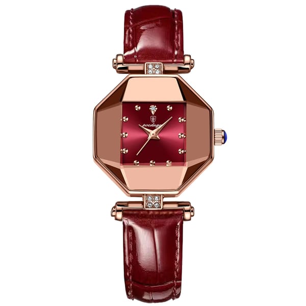 Elegant Red Dial Women's Leather Watch with Irregular Case Design