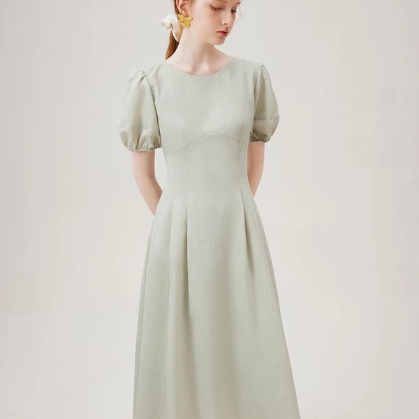 Elegant Round Neck Drawstring Long Dress for Women Summer
