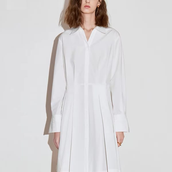 Elegant Pleated A-Line Dress with Turn-Down Collar and Stripes