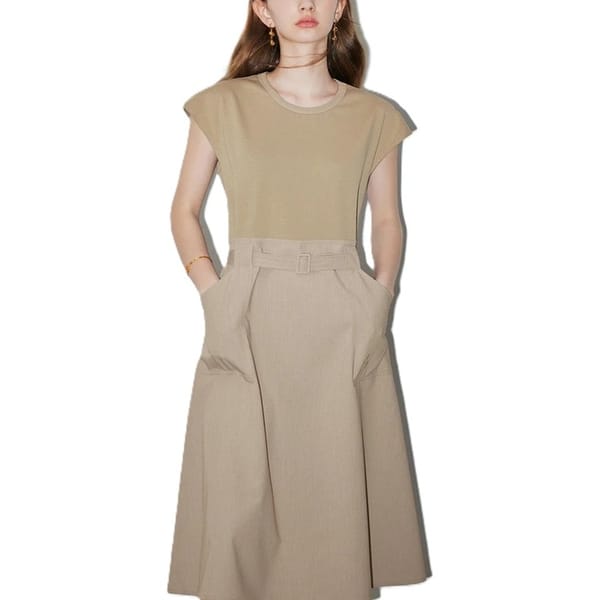 Elegant Sleeveless Mid-Length Dress with Pockets and Waist Tie