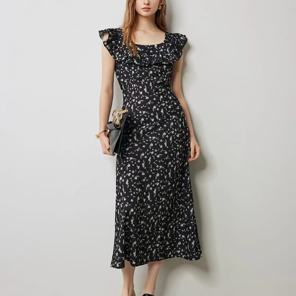 Floral Printed Waistband Dress with Flying Sleeves for Women
