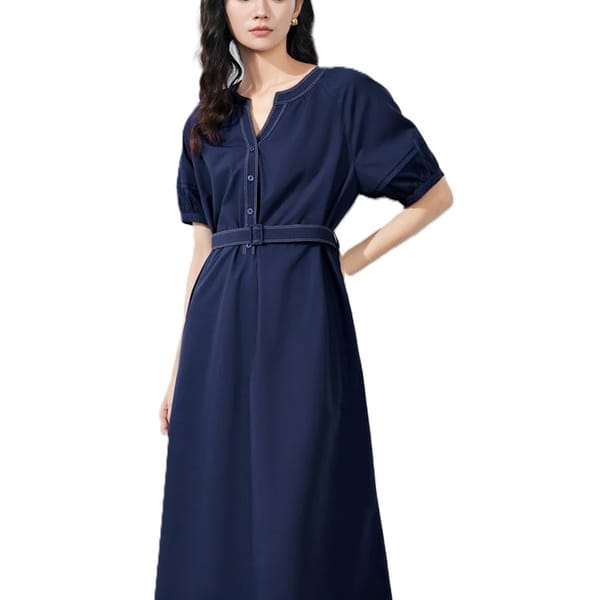 Elegant V-Neck Mid-Length Dress with Belt for Women Office