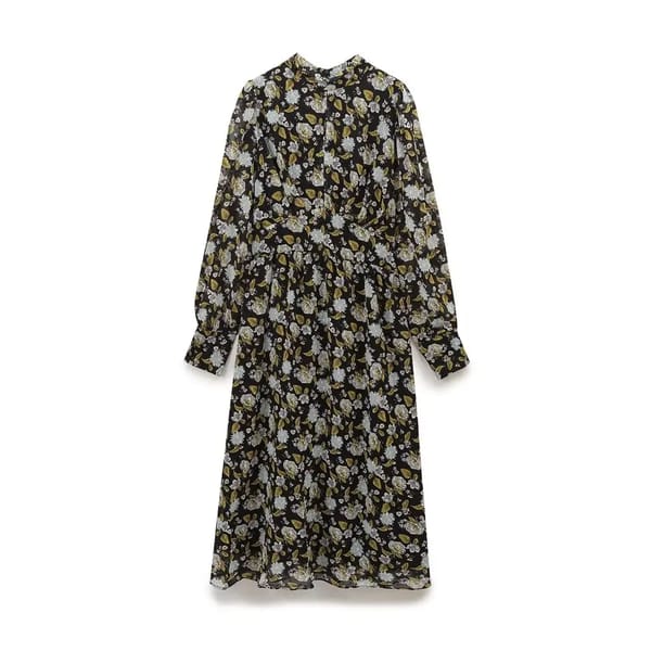 Vintage Floral Print Midi Dress with Stand Collar & Sleeves