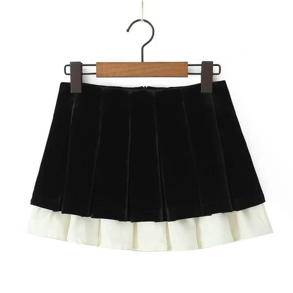 Chic Pleated Velvet Mini Skirt with Patchwork Detail