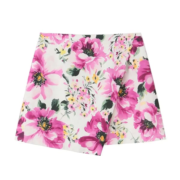 Vintage Boho Floral Mini Skirt with Asymmetrical Hemline