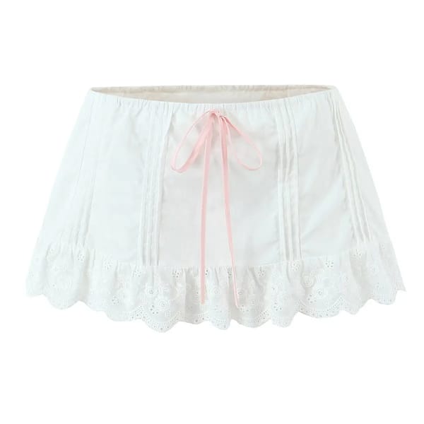 Lace Spliced Bow Low Waist A-Line Mini Holiday Skirt