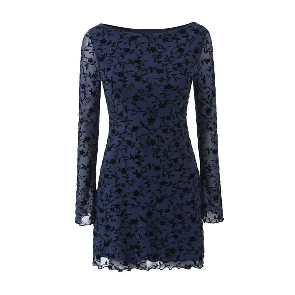 Elegant Autumn Floral Mesh Mini Dress with Long Sleeves