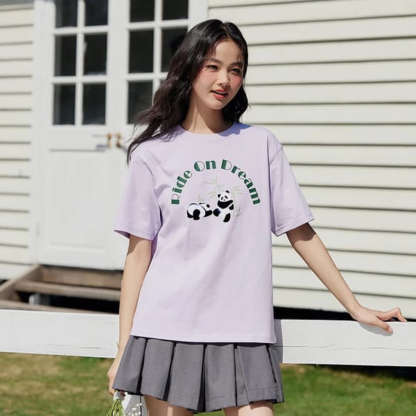 Loose Fit Cotton T-Shirt with Panda Print – Trendy Summer Casual Look