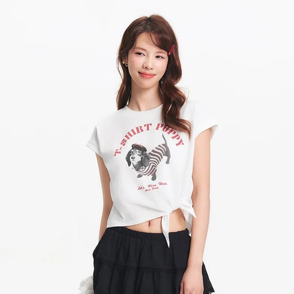 Loose Fit Cartoon Dog T-Shirt with Tie Detail – Fun Summer Look for Women