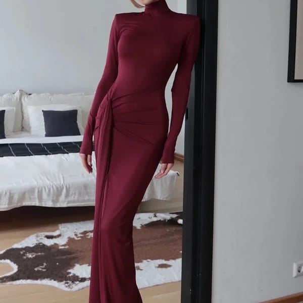 Turtleneck Maxi Dress with Side Slit and Shoulder Pads