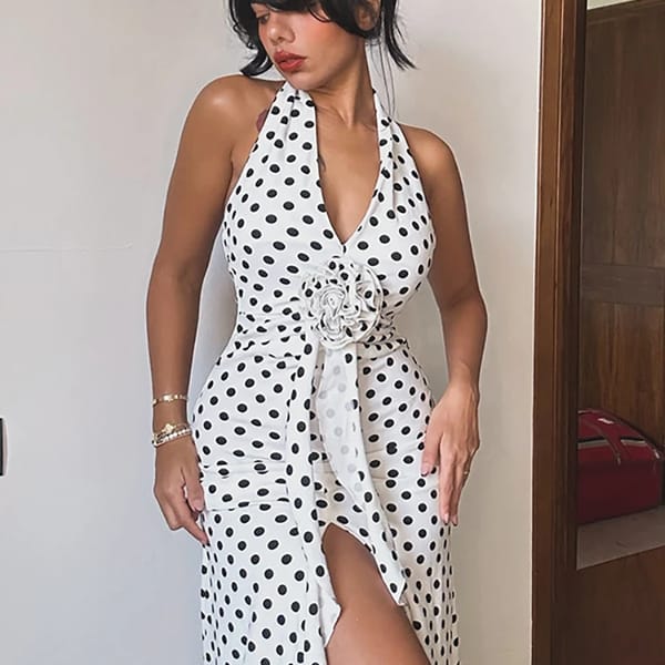 Deep V-Neck Maxi Dress with 3D Flowers and Backless Design