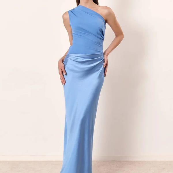 Satin Patchwork One Shoulder Maxi Dress for Evening Events