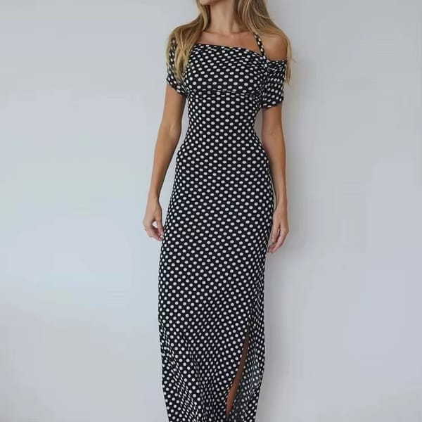 Polka Dot Halter Maxi Party Dress with High Slit Detail