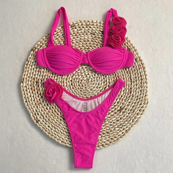Bold Thong Bikini Set with 3D Floral Embellishments