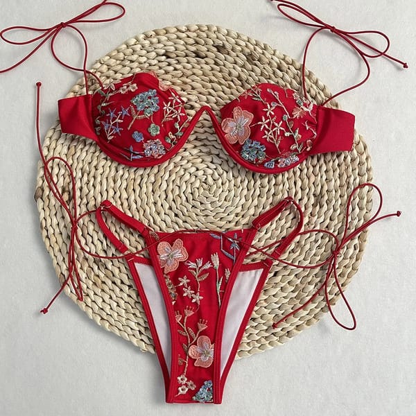 High Cut Push-Up Bikini Set with Embroidered Floral Design