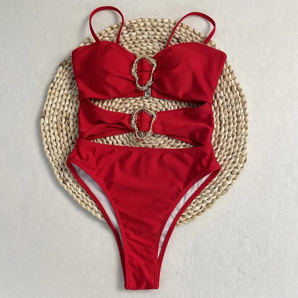 Solid One-Piece Swimsuit with Hollow Design and Buckle Detail