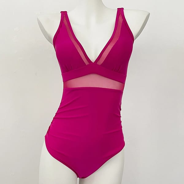 Deep V-Neck One-Piece Swimsuit with Mesh and High Waist
