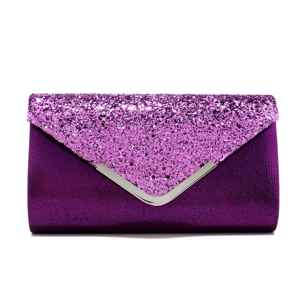 Silver Glitter Envelope Clutch with V Design and Chain Strap