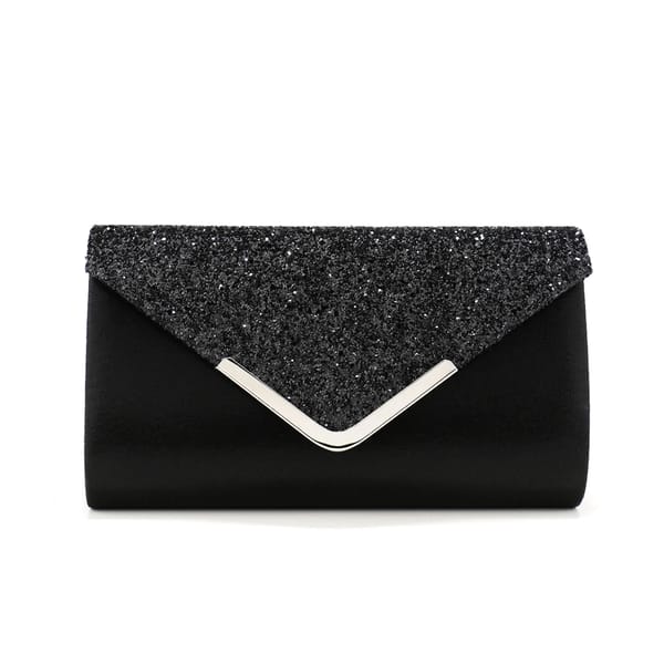 Silver Glitter Envelope Clutch with V Design and Chain Strap