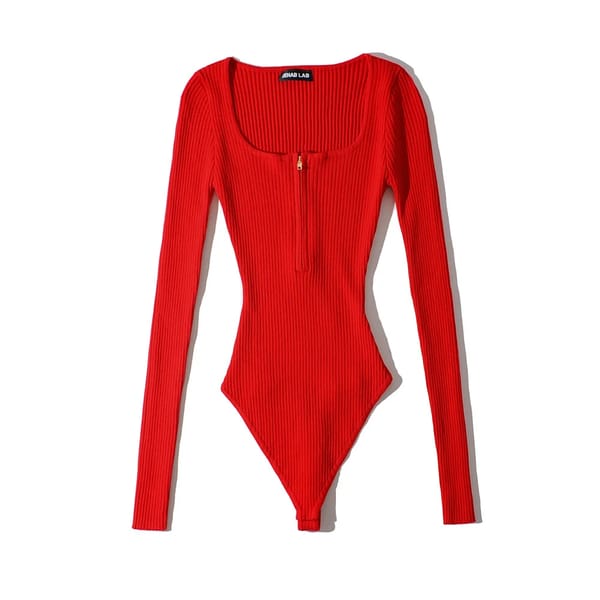 Long Sleeve Zip-Up Bodysuit with Square Neckline Design