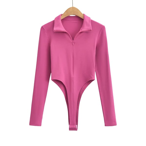 Zip-Up Long Sleeve Bodysuit with Bodycon Fit and Solid Color